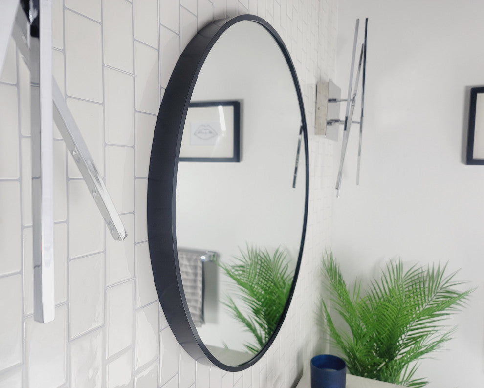 Round Black Metal Framed Wall Mirror, 27.6" X 27.6" Dia.