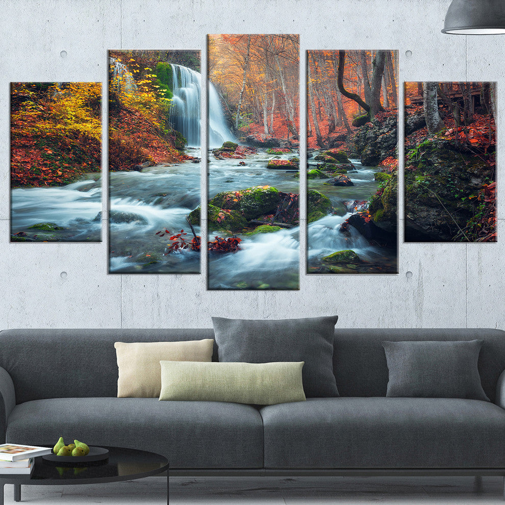 "Autumn Mountain Waterfall Long View" Landscape Photo Wall Art, 5 Panel, 60"x32"