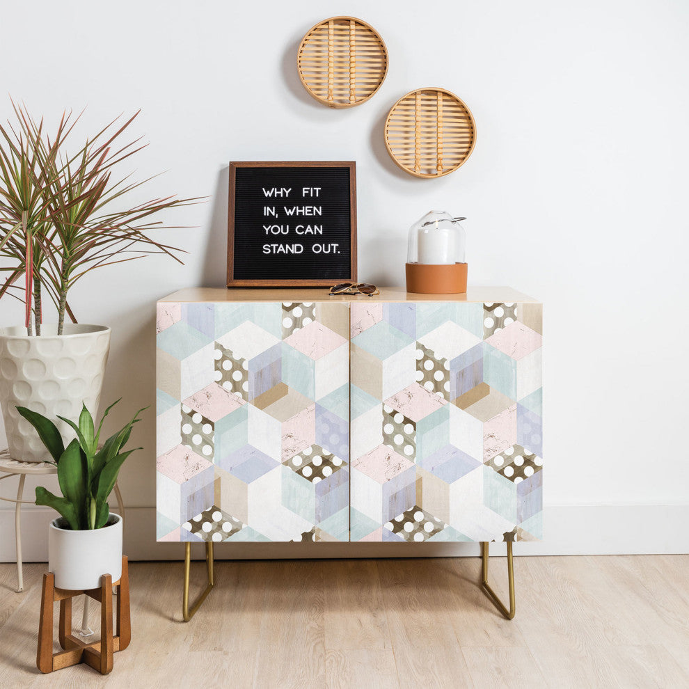 Deny Designs Geometric Pastel Cubes Credenza, Birch, Gold Steel Legs
