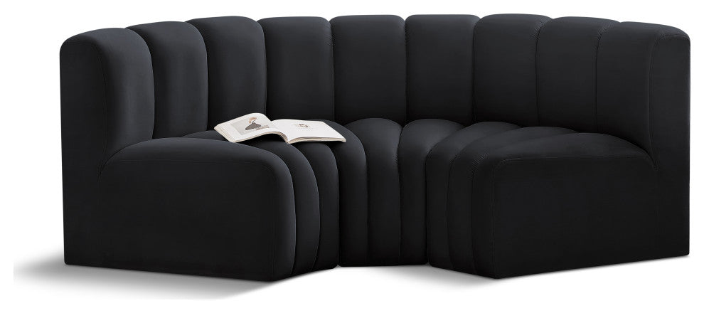 Arc Velvet Upholstered 3-Pc. Inward Curved Modular Sectional, Black