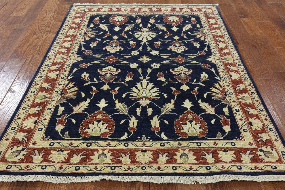Oushak Style Pakistani Chobi Blue Floral Hand-Knotted Wool Rug, 5'x7'