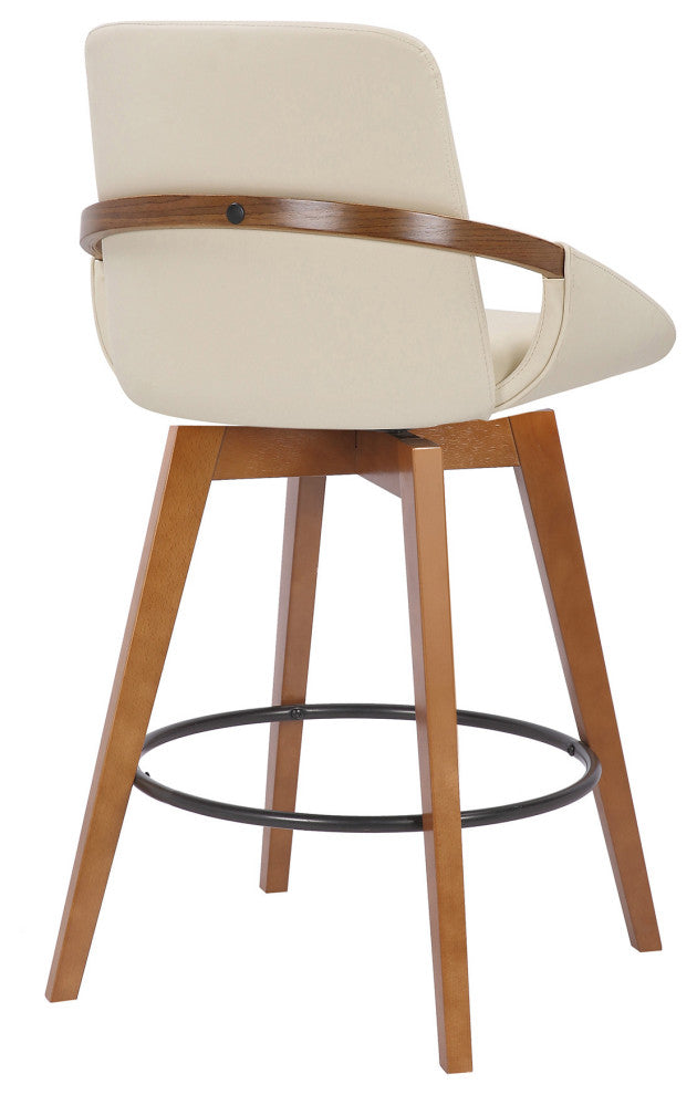 26" Luxurious Cream and Walnut Faux Leather Swivel Bar Stool
