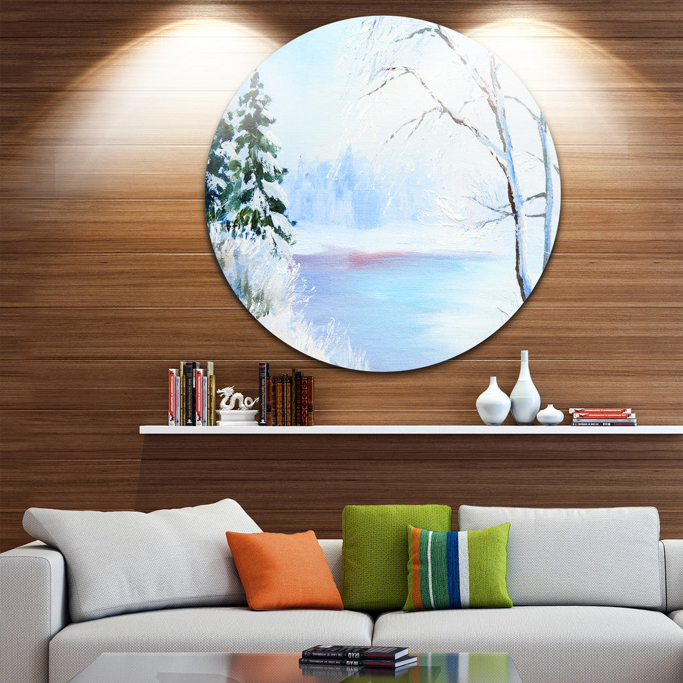 Frozen River Oil Painting, Landscape Painting Disc Metal Wall Art, 23"