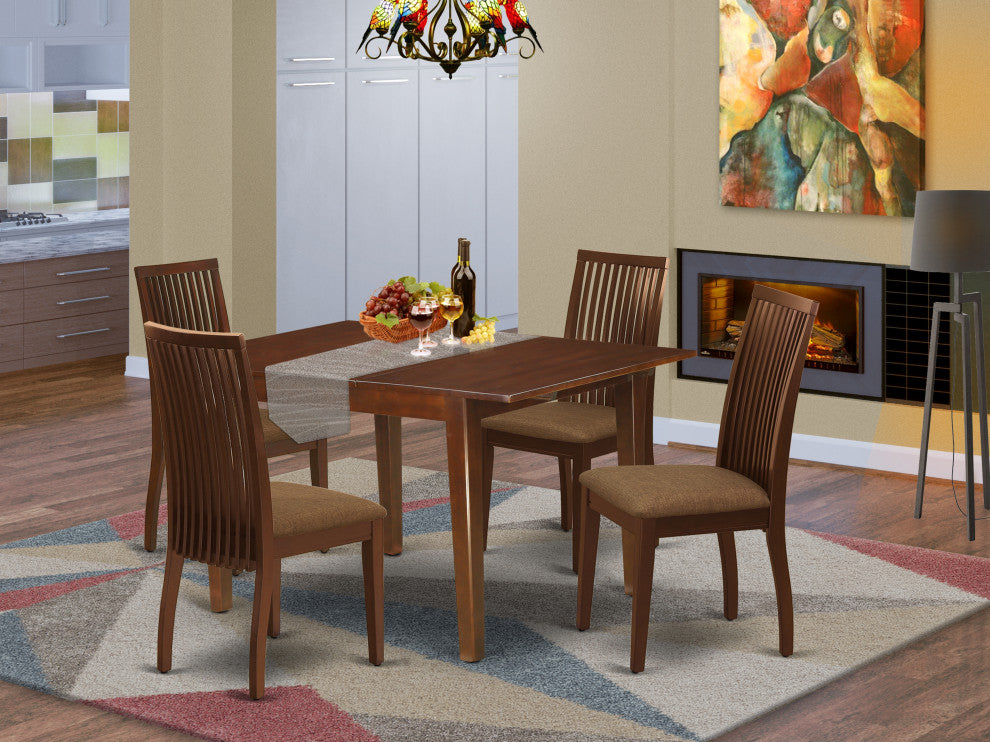 5Pc Dining Set, Rectangle Table, Four Linen Seat Chairs, Mahogany