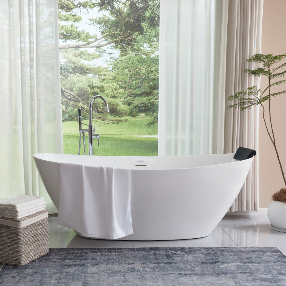 Vanity Art 71" x 33" Acrylic Freestanding Soaking Bathtub, White/Integrated Overflow