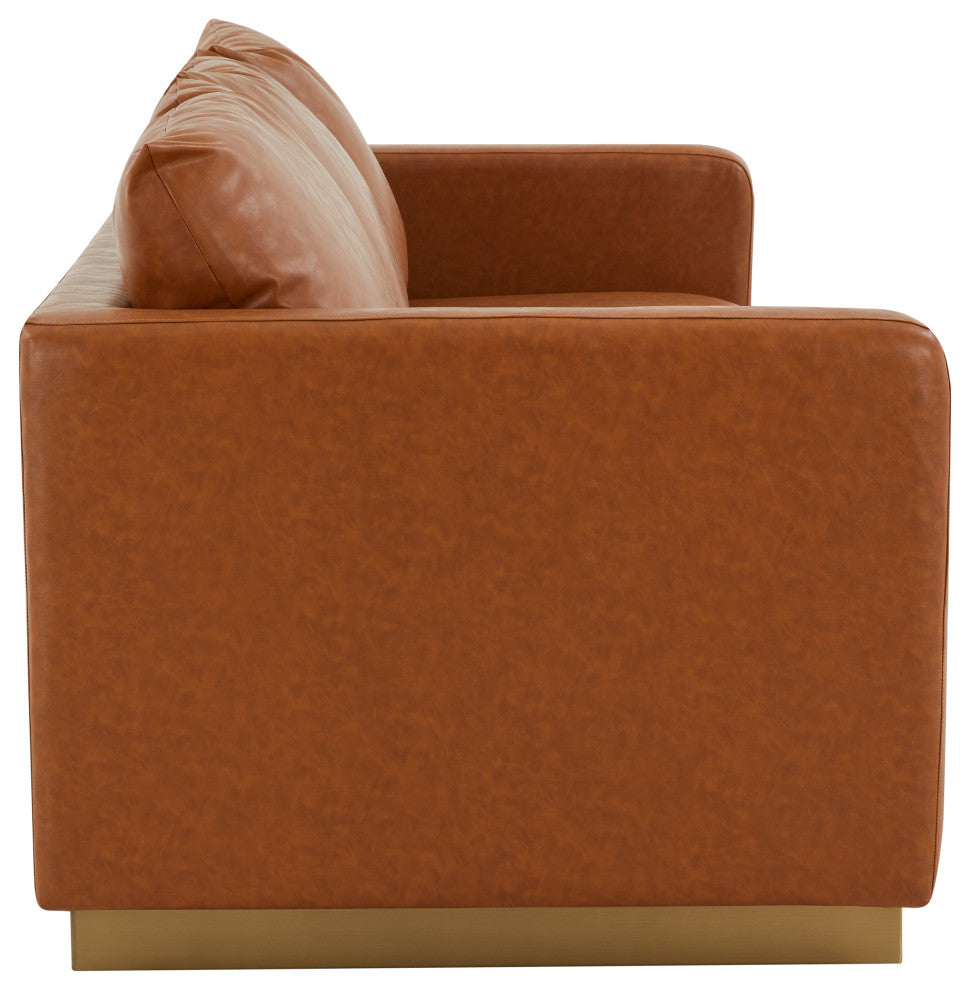 Leisuremod Nervo Modern Mid-Century Upholstered Leather Sofa With Gold Frame