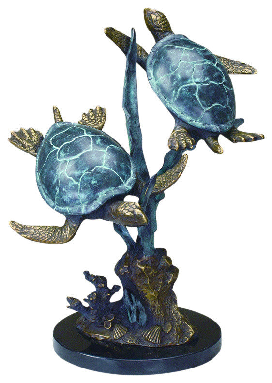 Sea Turtle Duet Brass and Marble Statue Hand Painted Accents