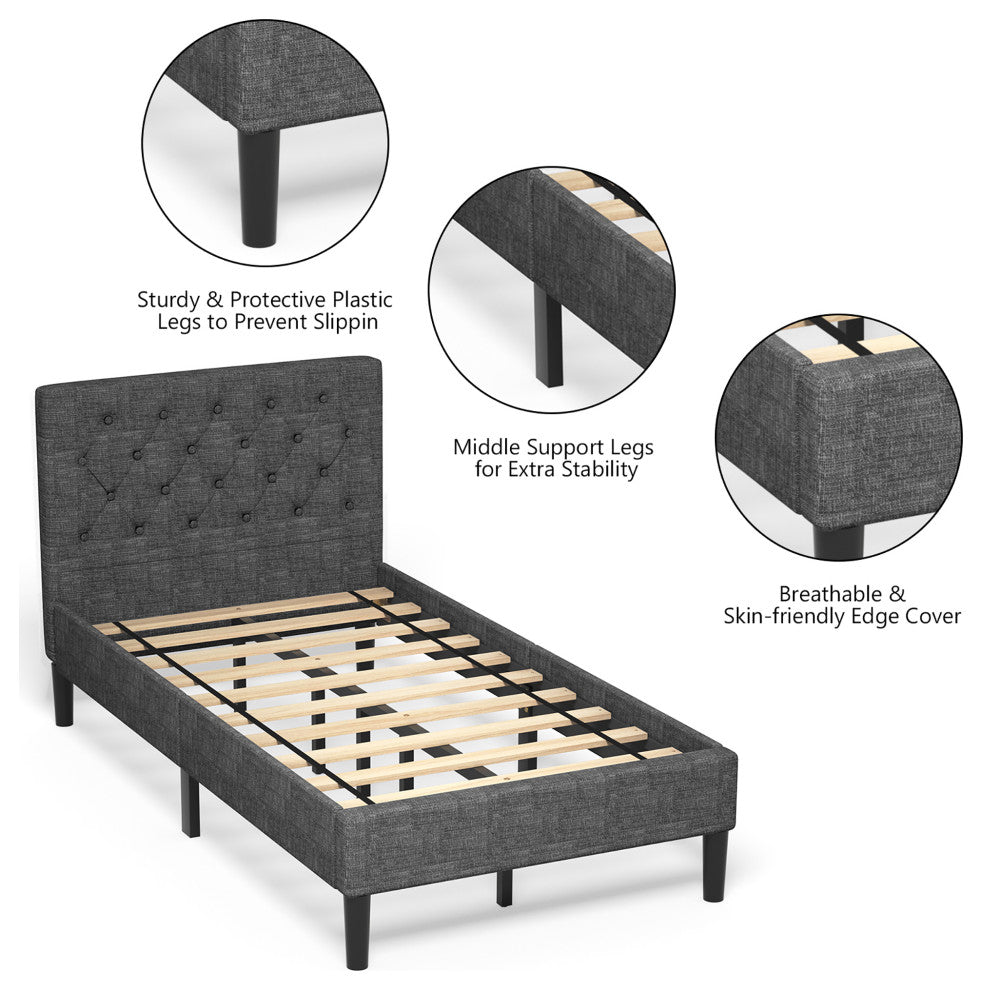 Costway Twin Upholstered Bed Frame Diamond Stitched Headboard Wood Slat Support