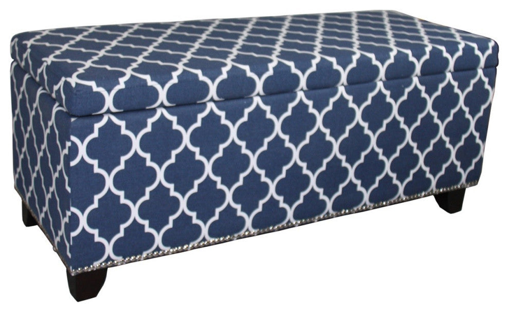 Blue and White Quatrefoil Storage Bench