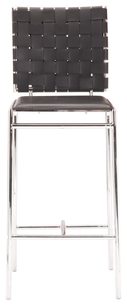 Counter Stool Chair, Set of 2, Faux Vinyl Leather, Steel, Black, Chrome, Cafe