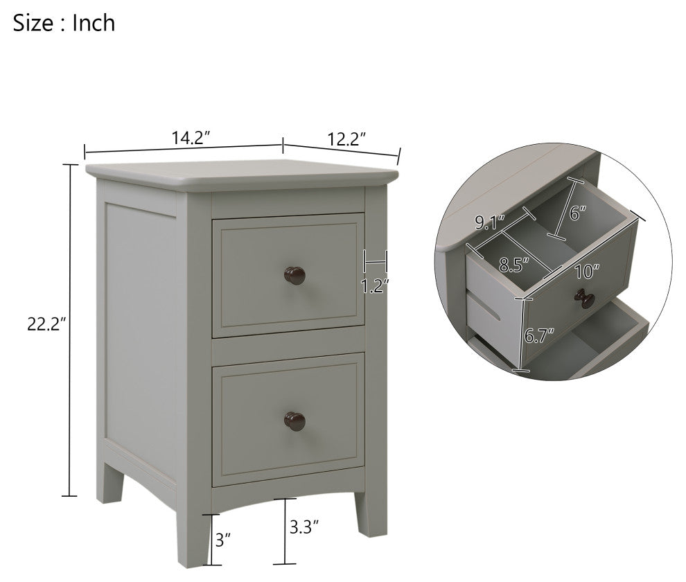 2 Drawers Solid Wood Nightstand End Table, Grey
