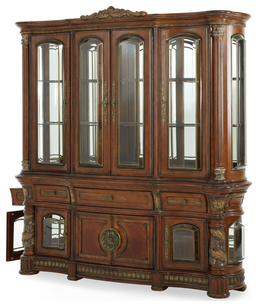 Villa Valencia Wood China Cabinet with Lighting, Classic Chestnut