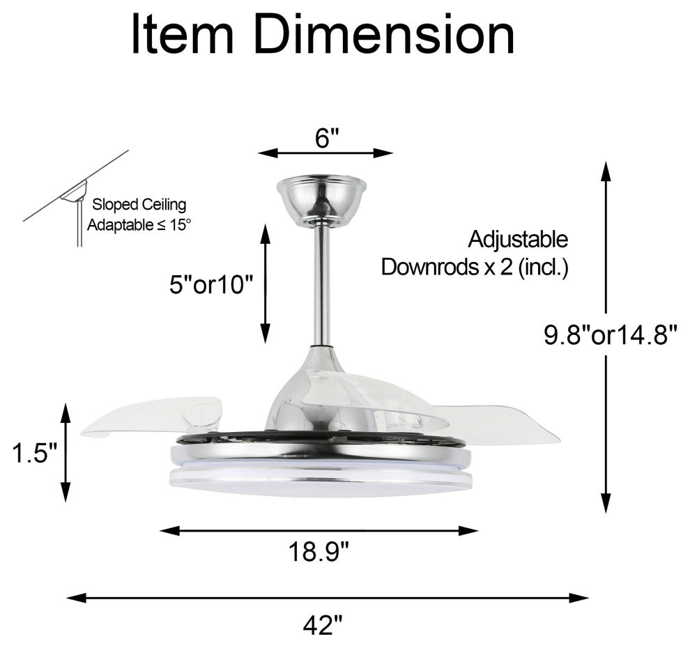 42" Modern Retractable Ceiling Fan with Light Kit and Remote Control 3 Blades, Chrome, 42"