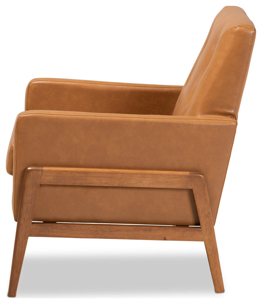 Yivi Mid-Century Tan Faux Leather and Walnut Brown Wood Lounge Chair
