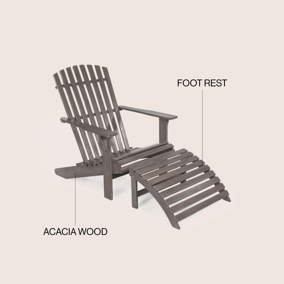 2-Piece Traditional Rustic Acacia Wood Adirondack Chair With Detachable Ottoman