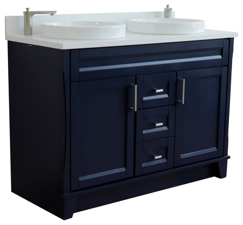 48" Double Sink Vanity, Blue Finish With Engineered Stone Top And Round Sink