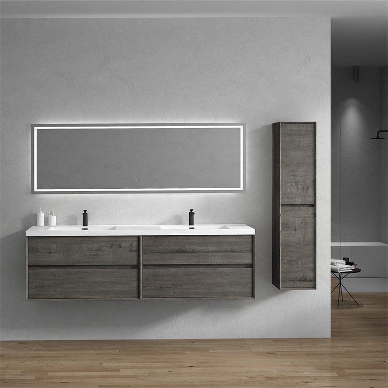 Ashley 84'' Floating Vanity, Acrylic Top, Double Sink, Smoke Oak