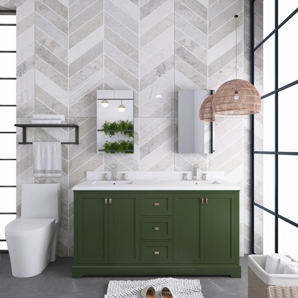 60/72" Plywood Freestanding Bath Vanity Set, Drawer and Ceramic Sink, Venetian Green, 60 Inch