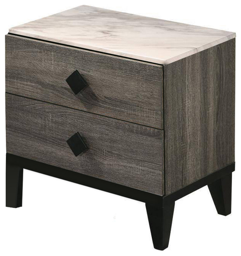 2 Drawer Wooden Nightstand with Grains and Angled Legs, Gray