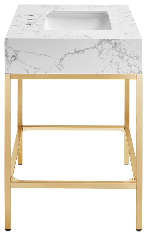 Marmo Bathroom Vanity, White, 30" Wide, Brushed Brass Finish