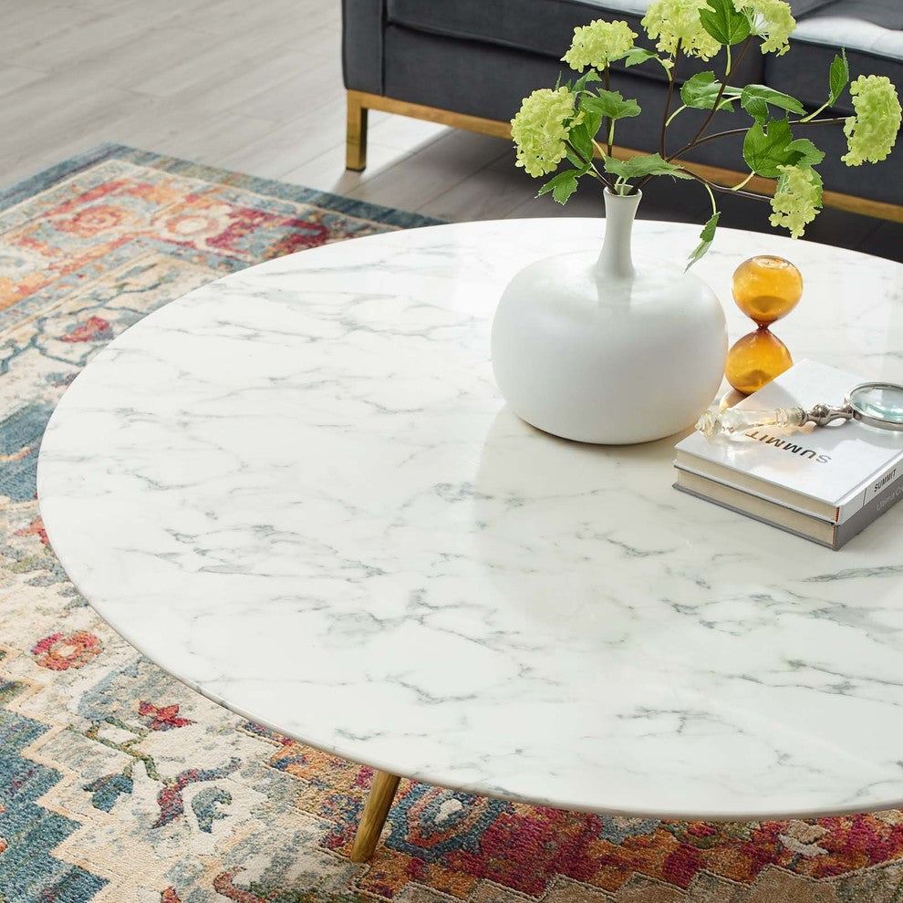 Lippa 47" Round Artificial Marble Coffee Table with Tripod Base Gold White