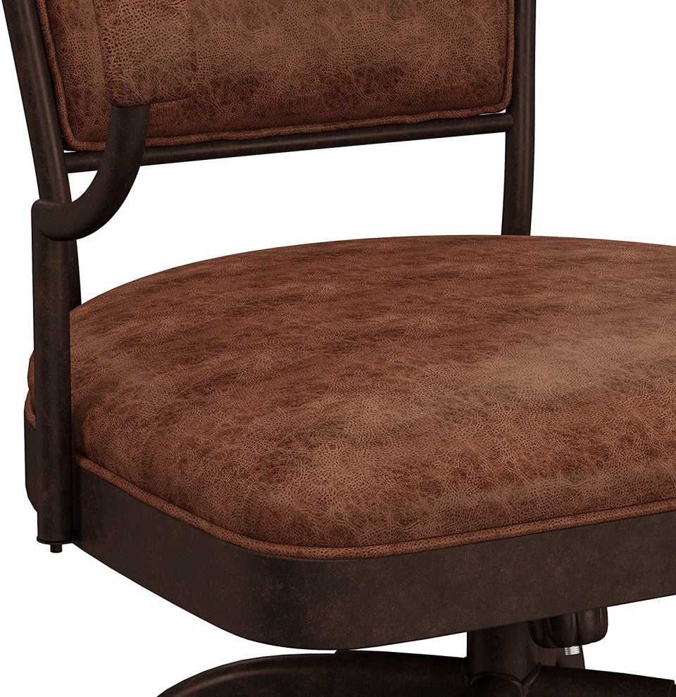 Industrial Bar Stool, Metal Frame With Swivel Weathered Brown Faux Leather Seat,