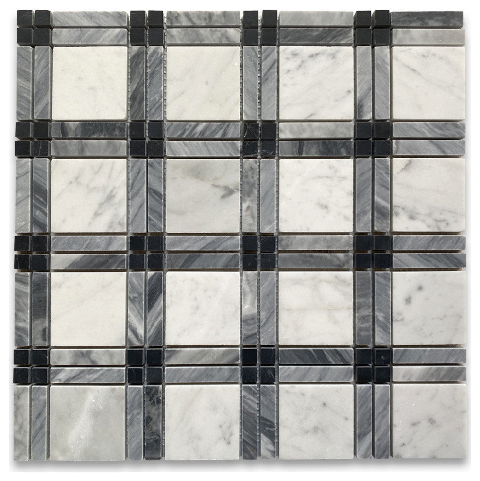Carrara White Black Gray Marble Plaid Tartan Wall Floor Tile Matte, 1 sheet
