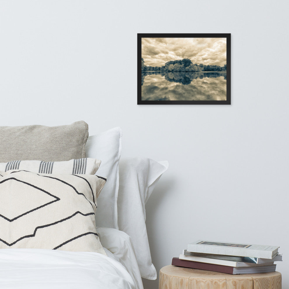 Autumn Reflections Rural Landscape Sepia Framed Photo Paper Wall Art Prints, Black, 12" X 16"