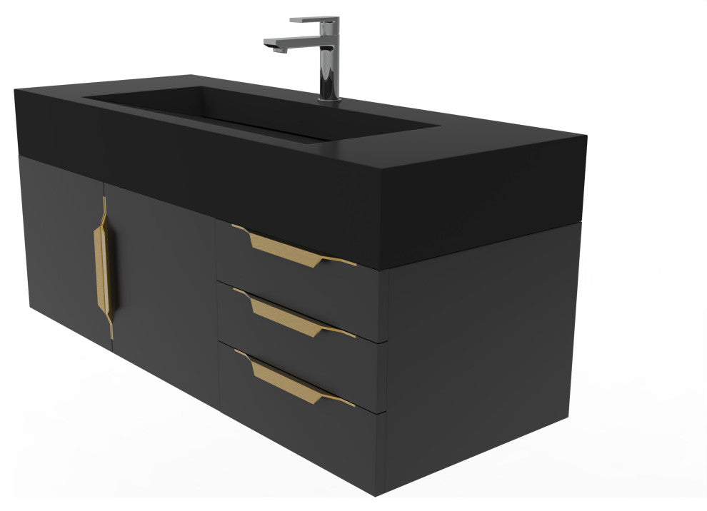 CastelloUSA Nile 48" Wall Mounted Vanity Set, Black, Black Top, Gold Handles