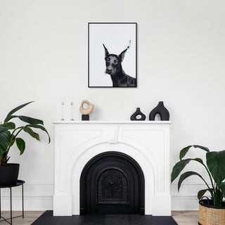 "Doberman" Black and White Pet Paintings on Printed Glass With Anodized Frame