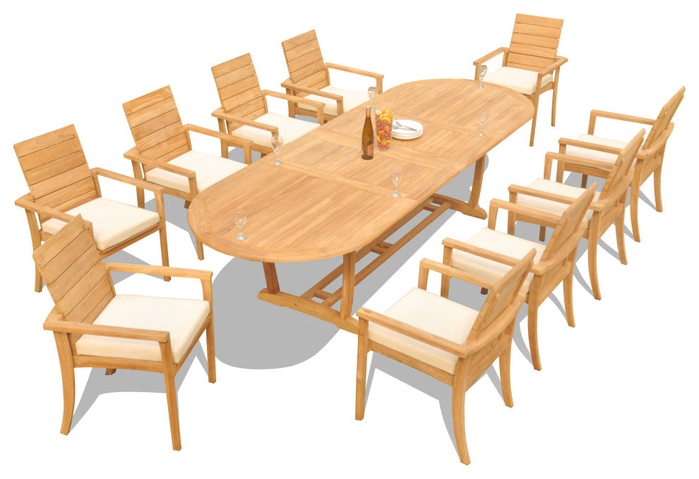 11-Piece Outdoor Teak Dining Set: 117" Masc Oval Table, 10 Alps Stacking Chairs