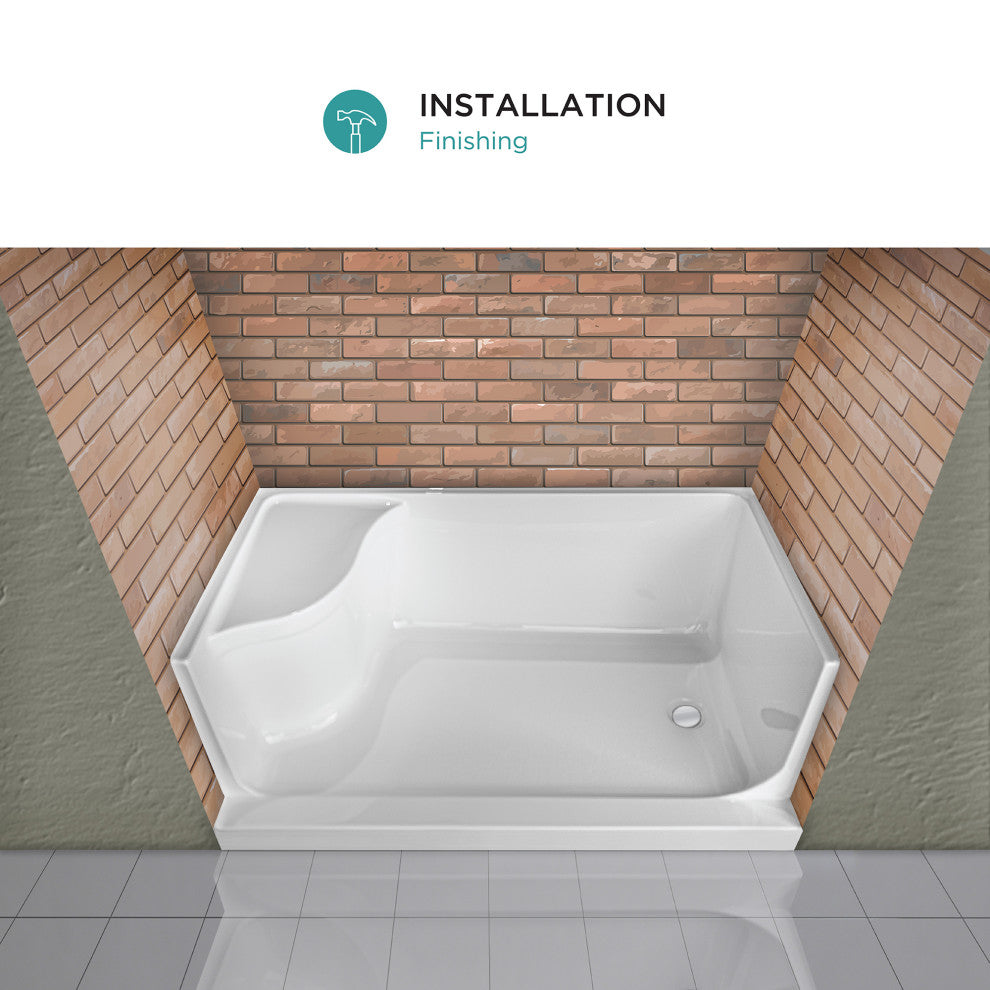 Single Threshold Acrylic Non-Slip Shower Base, Seat 60 x 32, Right Hand Drain