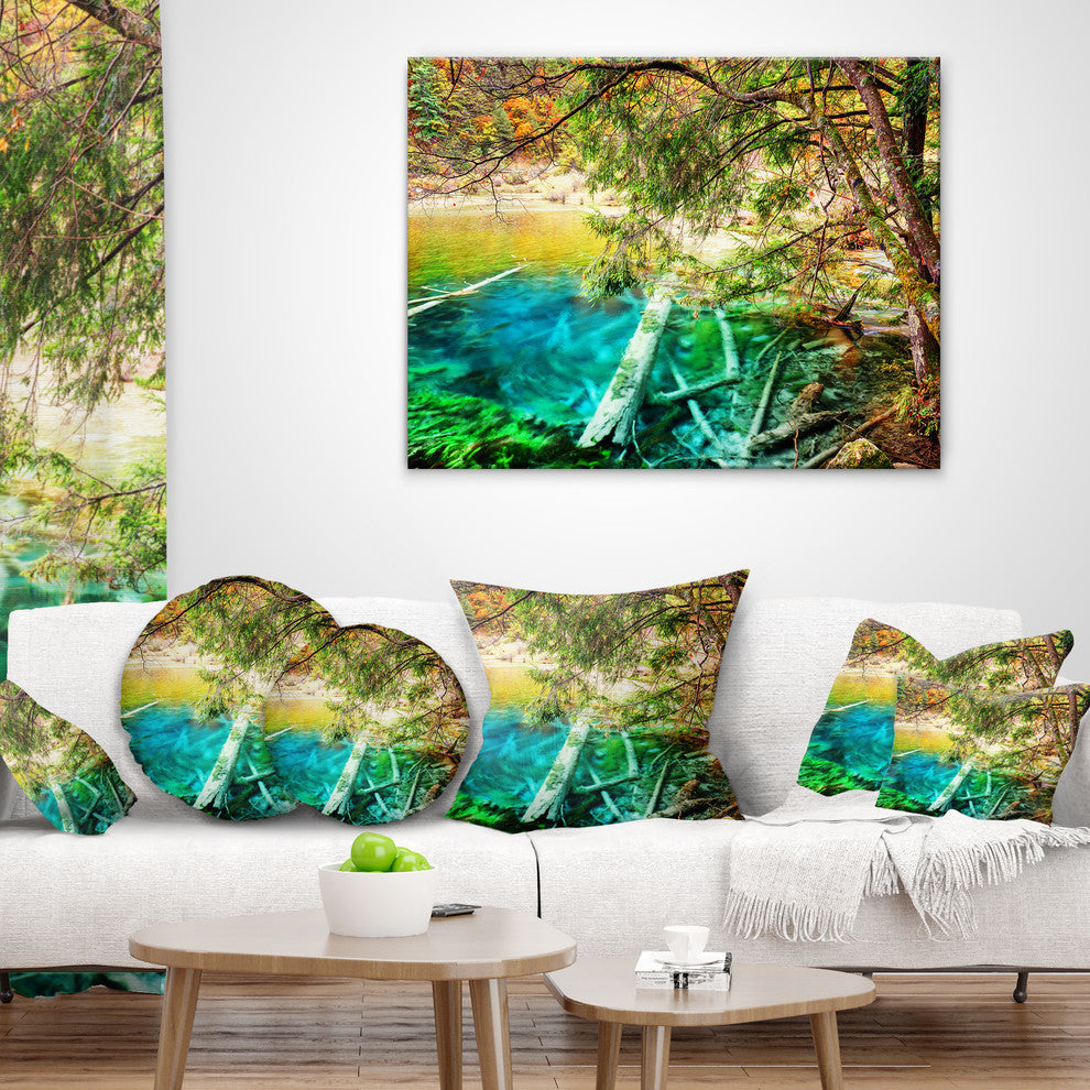 Colorful Lake With Tree Trunks Landscape Printed Throw Pillow, 16"x16"
