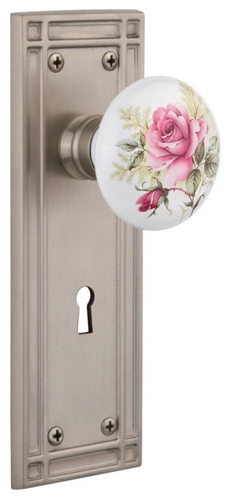 Nostalgic Mission Plate w/ White Rose Porcelain Knob and Keyhole, Satin Nickel