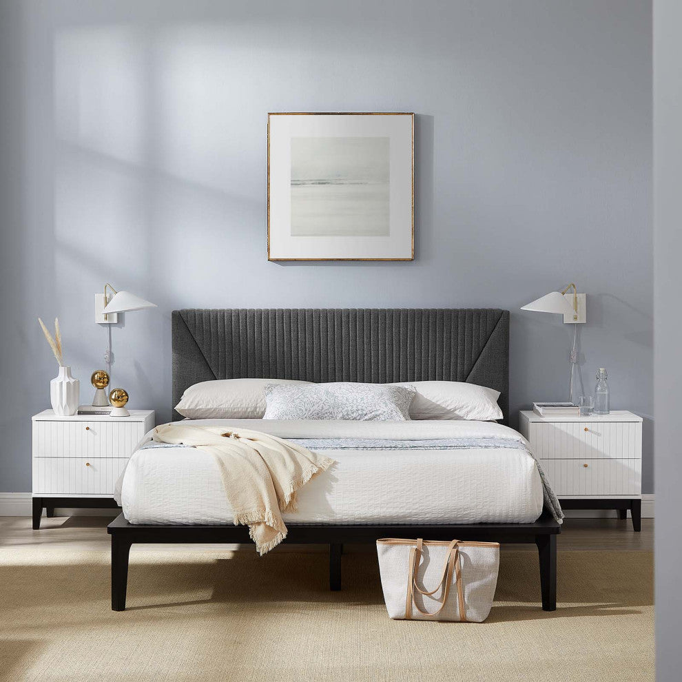 Platform Bed Nightstand Set, Queen Size, White, Wood, Modern, Mid Century Guest