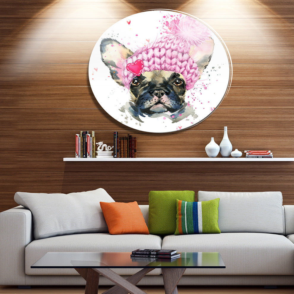 French Bulldog With Pink Hat, Animal Art Round Metal Wall Art, 23"