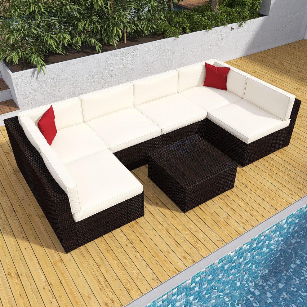 117" Wide Outdoor Wicker U-Shaped Patio Sectional With Cushions, Beige