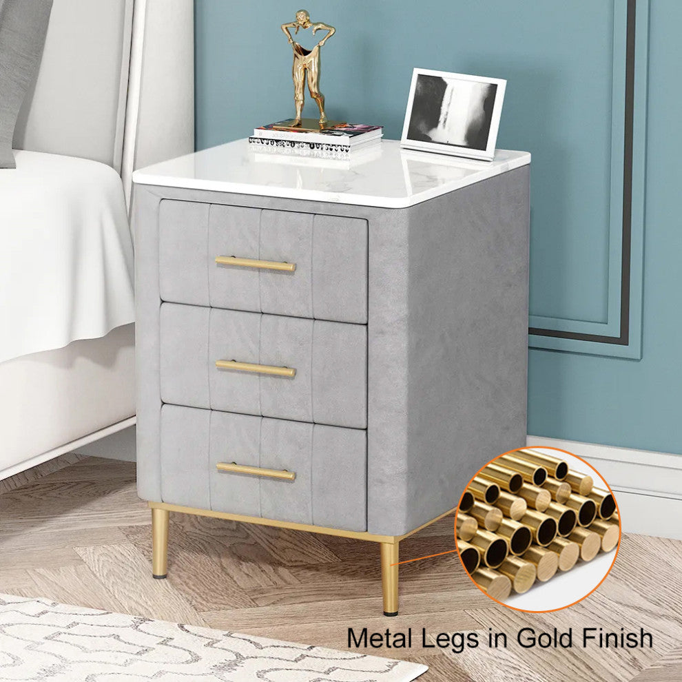 Modern Nightstand Gray Velvet Upholstered Bedside Table 3 Drawers With Stone Top