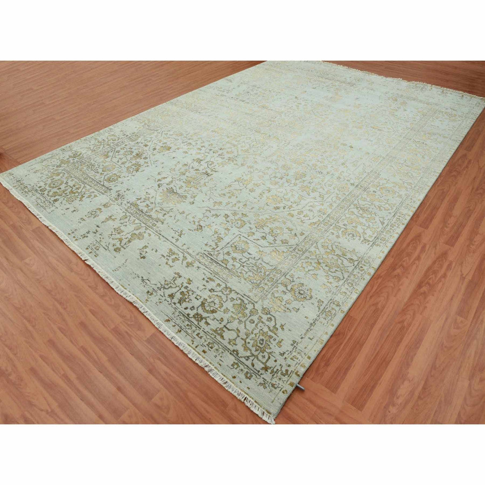 Gray Hand Knotted Broken Persian Erased Heriz Design Wool and Silk Rug, 10'x14'