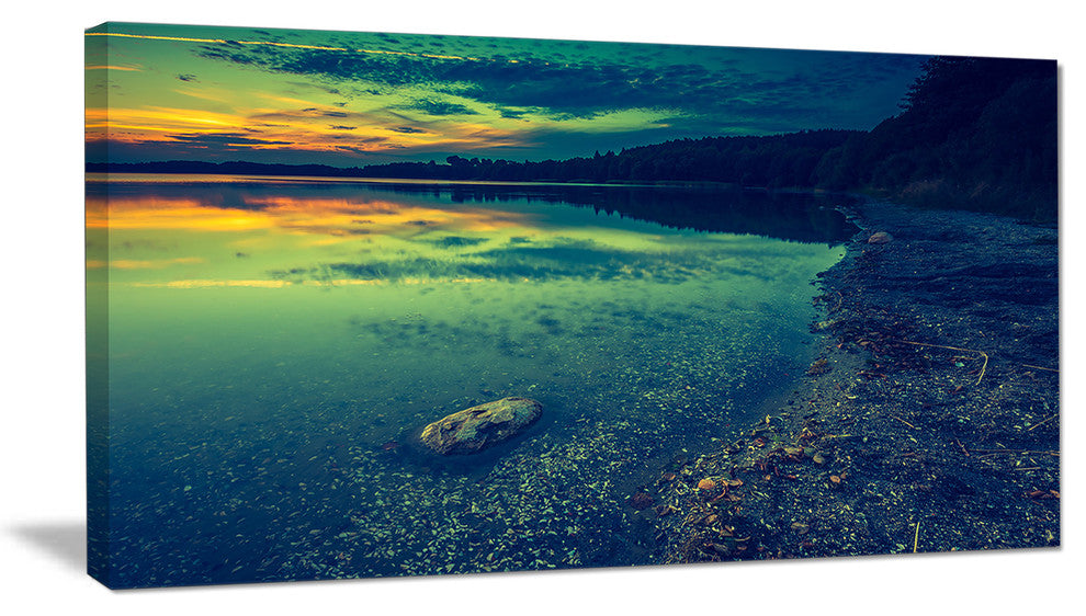 Dark Vintage Lake at Sunset, Boat Canvas Art Print, 32"x16"