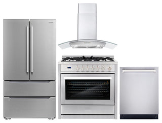 4 Piece, 36" Gas Range 36" Range Hood 24" Dishwasher & Refrigerator
