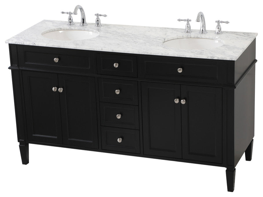 Home Living Vanity with Carrara White Marble Countertop, Black, 60", Double Sink