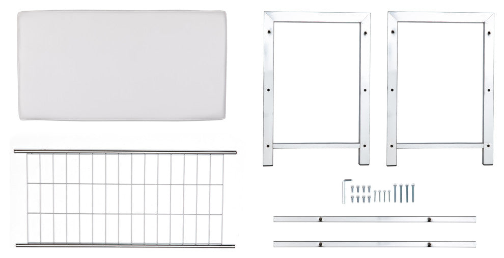 Danya B. Leatherette Entryway Bench with Two Metal Shoe Racks, White/Chrome