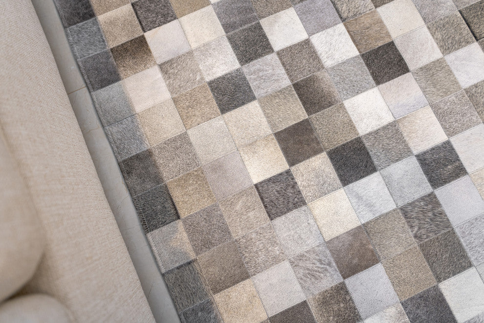Cowhide Patchwork Rug, Grey Tones - Squares , 6x8