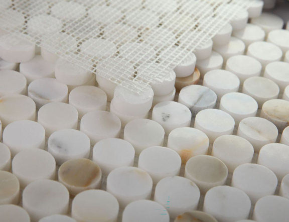 Mosaic Tile Marble Penny Coin Series, Calacatta White Gold Glossy