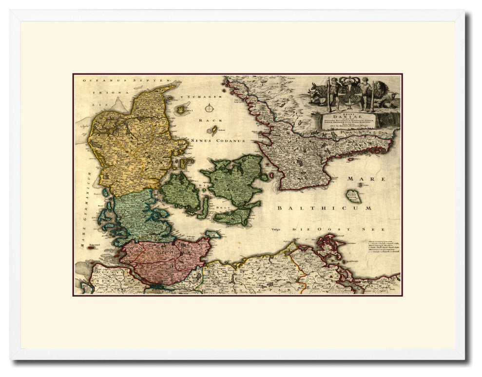 Denmark Centuries Old Map Print On Canvas With Frame Art Collection 16" X 21"