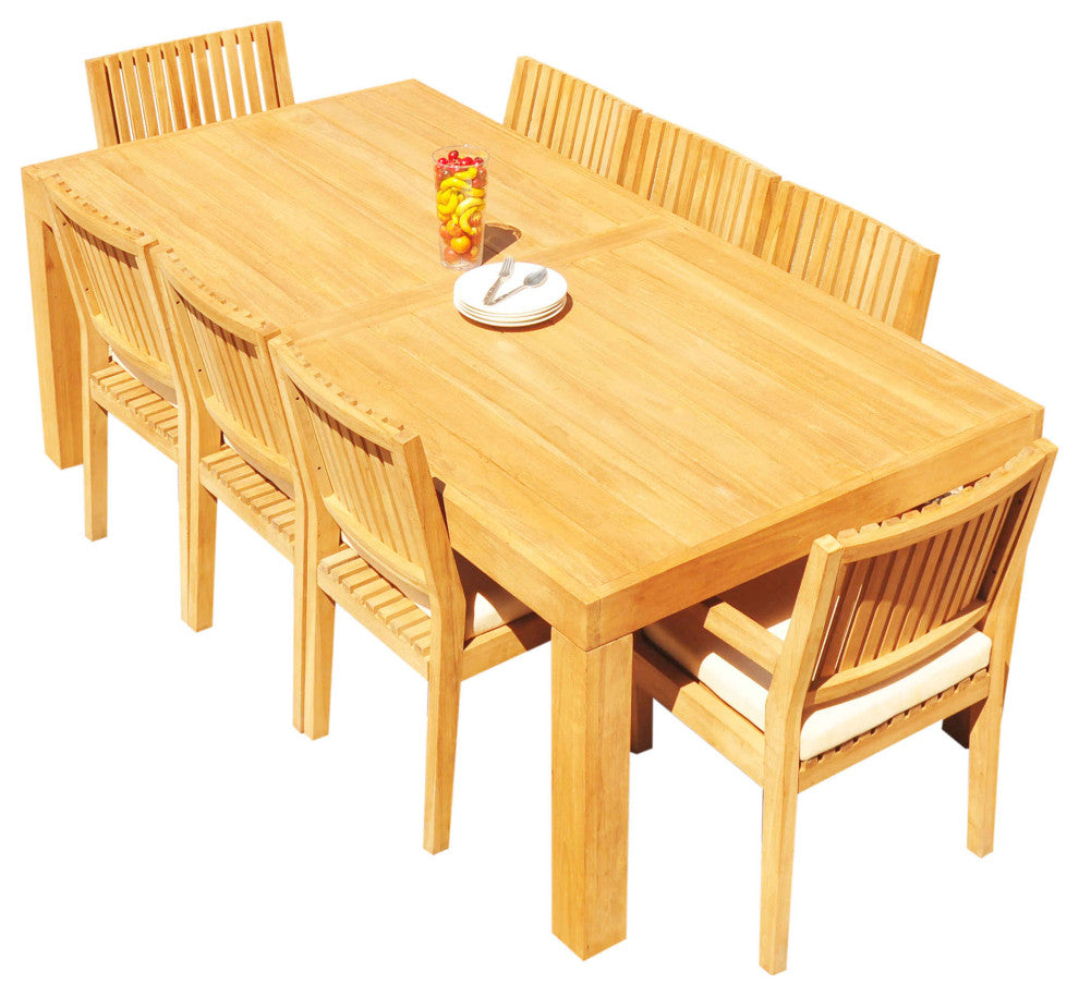 9-Piece Outdoor Teak Patio Dining Set: 86" Rectangle Table, 8 Maldives Chairs