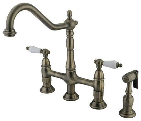 Kingston Brass Bridge Kitchen Faucet With Brass Sprayer, Antique Brass