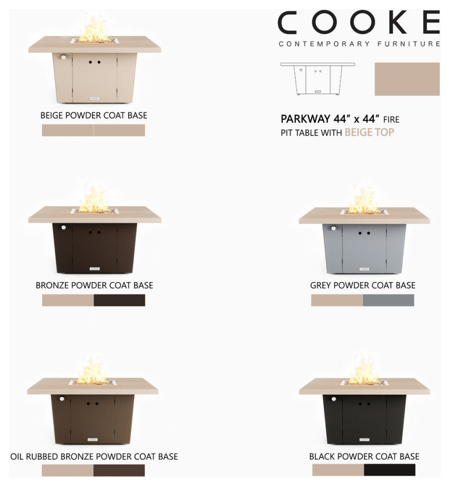 Square Fire Pit Table, 44x44, Chat Height, Natural Gas, Beige Top, Bronze