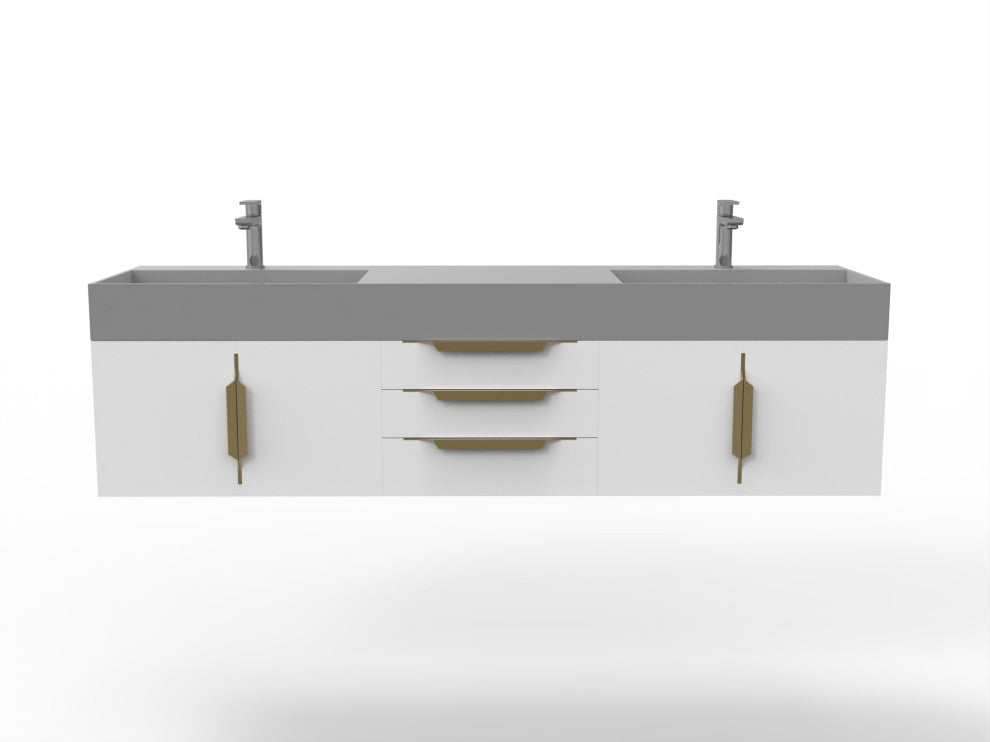 CastelloUSA Amazon 72" Wall Mounted Vanity Set, White, Gray Top, Gold Handles